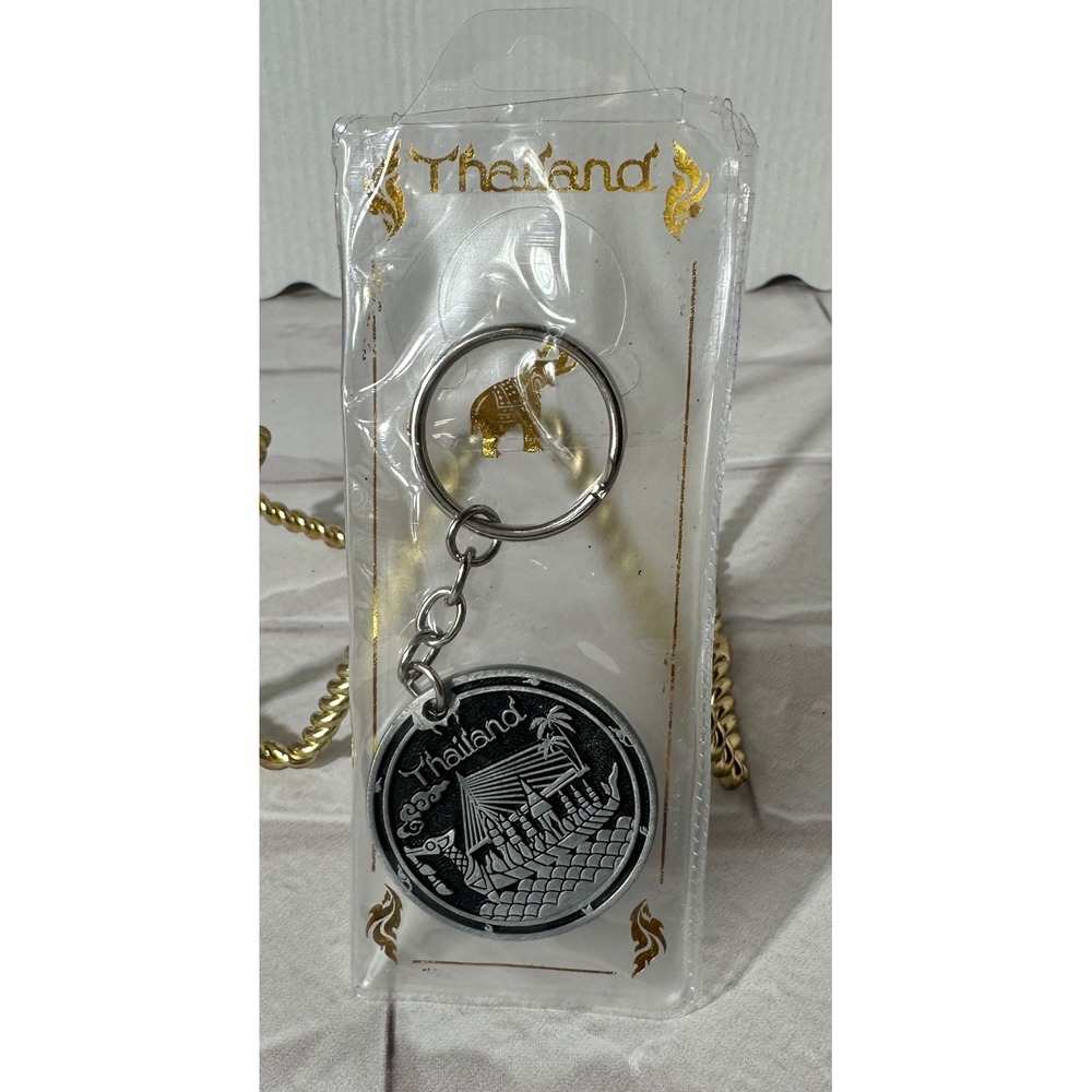 Thailand Souvenir Keychain Elephant and Temple Design Silver Tone Pewter‎